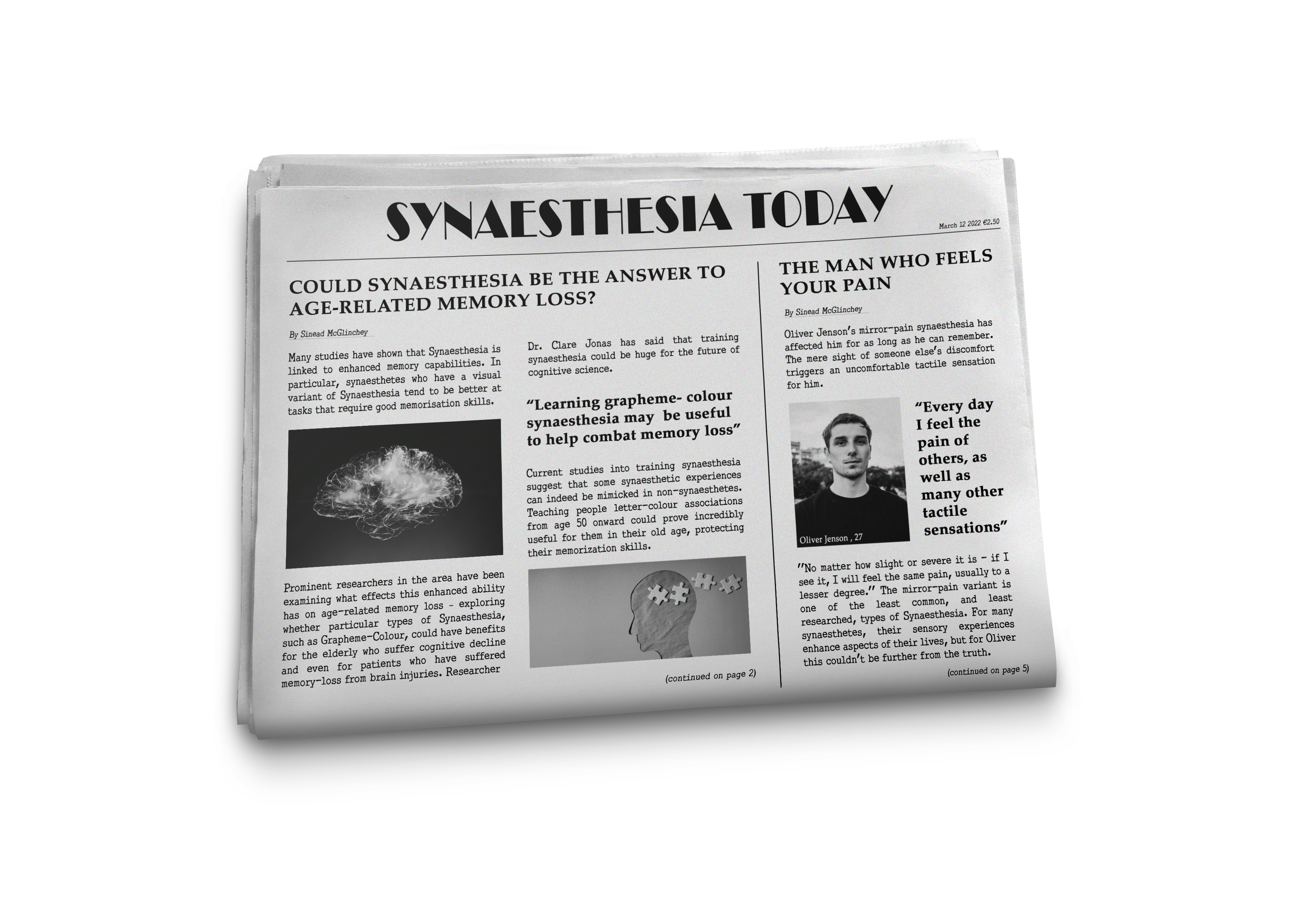 Fictional newspaper called Synaesthesia Today demonstrating grapheme-colour